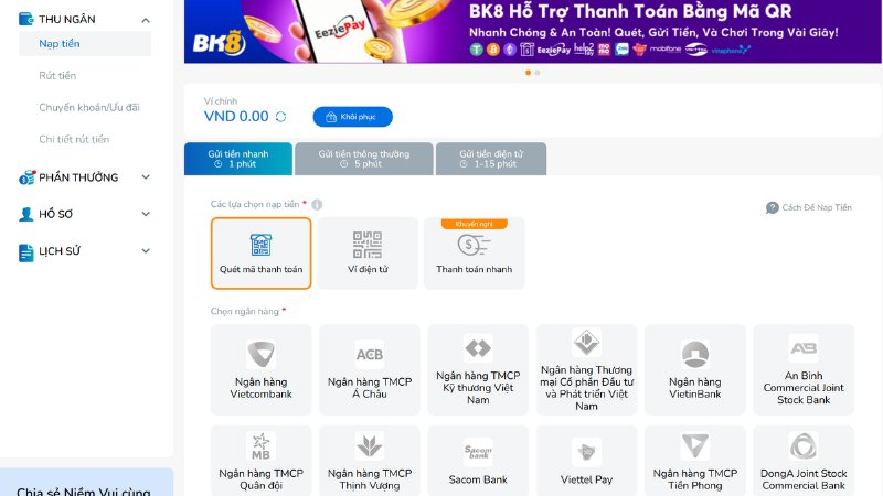 Nạp rút dễ dàng khi chơi game bài tại BK8