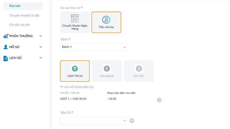 Hình thức rút tiền thưởng về ví USDT